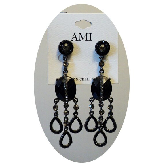 NEW AMI Black Onyx Long Drop Gray Crystal Dangle Earrings Women Jewelry Gifts - Picture 2 of 7